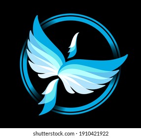 Circle frame with flying blue Phoenix icon. Ice and snow. Eagle, falcon vector image. Bird emblem, print or mascot