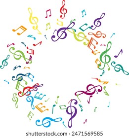 Circle frame from flying music notes. Vector decoration element in rainbow colors.