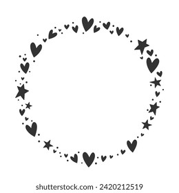 Circle frame formed by hearts and stars. Valentine's Day background. Circular love background with hearts.