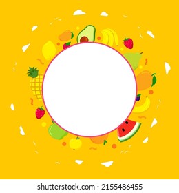 circle frame with fresh Fruit. bright colors fruits are pineapple, mango, watermelon, banana, pear, strawberry. vector illustration 