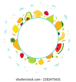 circle frame with fresh Fruit. Summer fruit. Strawberry, cherry, watermelon, apple, pear, banana, orange, lemon, pineapple. vector illustration with copy space for text.  