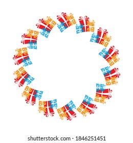Circle frame with gift boxes  isolated on white background. Flat style.  Christmas or New Year vector illustration. Design element for greeting card, leaflet, banner, poster or flyer.