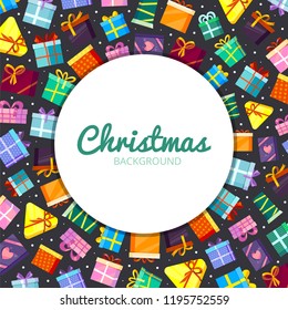 Circle frame gifts. Colored greetings packages with ribbons in round shape decoration vector design template with place for your text