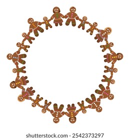 Circle frame with gingerbread figures holding hands. Decorative border of gingerbread men, women and children, forming groups and families, expressing friendship, teamwork and a peaceful society.