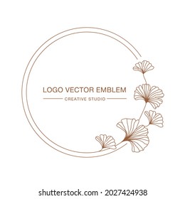 Circle frame with ginkgo biloba leaves décor. Botanical monogram for wedding invitations, logo, branding, medicine or cosmetic designs etc. Vector design.