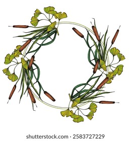 Circle frame with ginkgo and reed. Hand drawn round line border, leaves and flowers, wedding invitation and cards, logo design and posters template. Elegant minimal style floral.