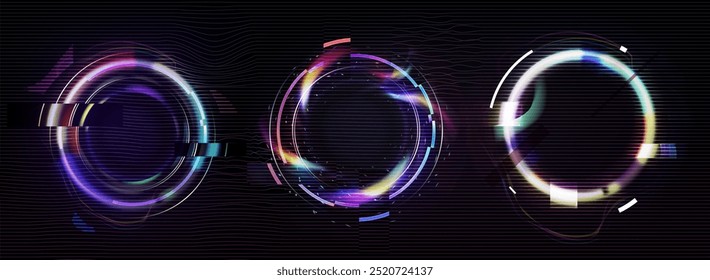 Circle frame with glitch and neon glow effect. Digital round geometric light border with vintage vhs distortion. Realistic vector illustration set of ring shape with broken retro tv bug design.