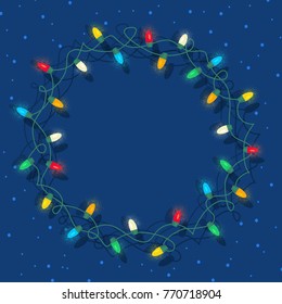 Circle frame of glowing colorful Christmas lights on blue background. Gradient free vector illustration for greeting cards, banners, design templates.