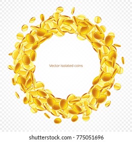 Circle frame gold coins, isolated on transparent in different positions