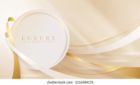 Circle Frame With Gold Ribbon Decoration And Glitter Light Effect Element. Cream Luxury Background.