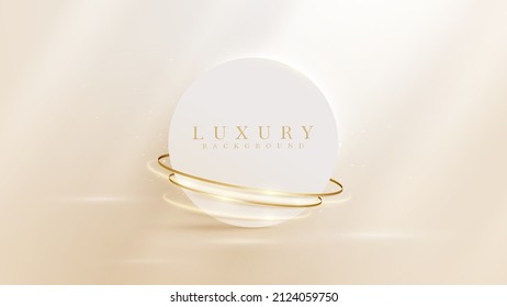 Circle frame with gold ribbon decoration and glitter light effect element. Cream luxury background.