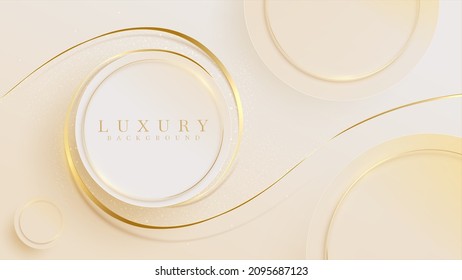 Circle frame and gold ribbon with glitter light effect element. Pastel cream elegant background.