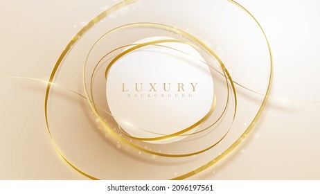 Circle frame and gold ribbon with glitter light effect element. Pastel cream elegant background.