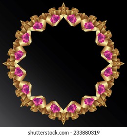 Circle frame with gold ribbons and flowers.