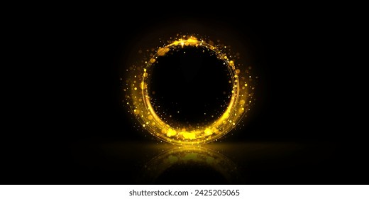 Marco de círculo con efecto bokeh dorado aislado sobre fondo negro. Ilustración vectorial realista de borde amarillo redondo con partículas brillantes y destellos, reflexión en el suelo, efecto de luz mágica