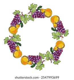 Circle frame with grapes and pear. Hand drawn round line border, leaves and flowers, wedding invitation and cards, logo design and posters template. Elegant minimal style floral.