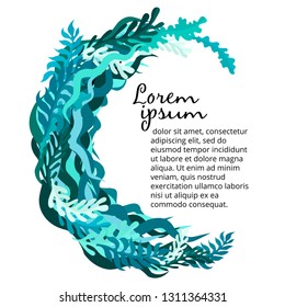 The circle frame of grass, algae and water. Marine design. Greens and various abstract lines. Vector isolated frame on white background for your text or title. Banner or label design