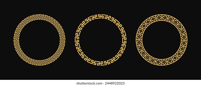 Conjunto de estilo griego de marco circular, borde decorativo, adornos vintage con Ilustración vectorial de patrón sin fisuras