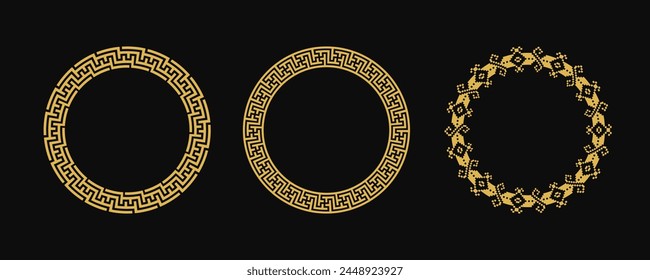 Conjunto de estilo griego de marco circular, borde decorativo, adornos vintage con Ilustración vectorial de patrón sin fisuras