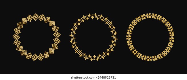 Conjunto de estilo griego de marco circular, borde decorativo, adornos vintage con Ilustración vectorial de patrón sin fisuras