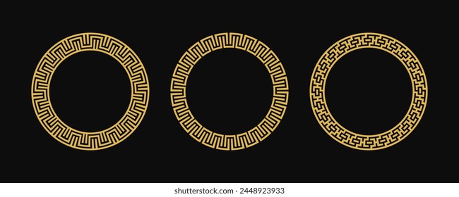 Conjunto de estilo griego de marco circular, borde decorativo, adornos vintage con Ilustración vectorial de patrón sin fisuras