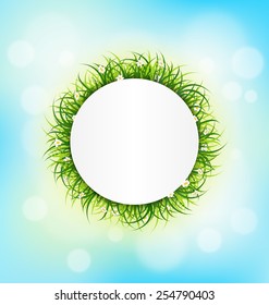 Circle frame with green grass, chamomiles on sky background