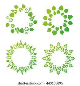 Circle frame of green leaves isolated on white background. ECO illustration. Nature set. BIO design