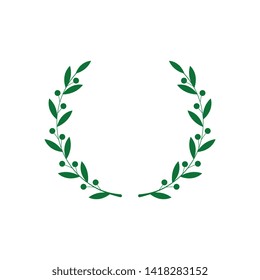 Circle frame from green silhouette of laurel branches with berries in flat style, vector illustration isolated on white background. Icon or emblem of bay wreath as symbol of victory and triumph