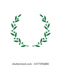 Circle frame from green silhouette of laurel branches with berries in flat style, vector illustration isolated on white background. Icon or emblem of bay wreath as symbol of victory and triumph