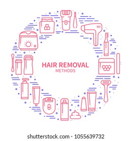 Circle frame with hair removal methods symbols in line style. Shaving sugaring laser waxing epilation depilation tweezing concept theme. Unique hair removal methods round print. Elements, icons