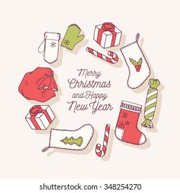 Circle frame with hand drawn christmas icons. Doodle holiday background and place for your text. Vector illustration