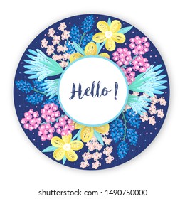 Circle frame with hand drawn creative abstract flowers. Floral design. Colorful artistic background with blossom. It can be used for invitation, card, cover book, notebook, label, banner. Vector