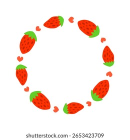 Marco circular con fresas y corazones dibujados a mano. Bayas de jardín de verano compuestas en forma redonda aisladas sobre fondo blanco.