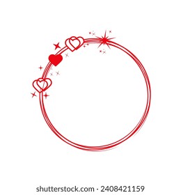 Circle frame with hearts. Valentine's Day red frame with a hearts. Geometric one line circle frame with a hearts. Trendy abstract Valentine's day frames.