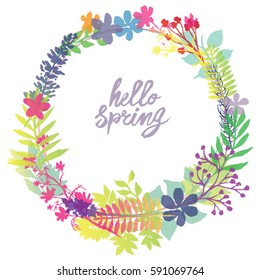 Circle frame hello spring
Spring greeting card with text "hello Spring"in the middle of a square composition into circular background around which there are many flowers, herbs and floral motifs.