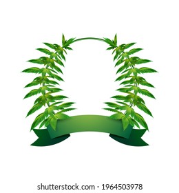 Circle frame of hemp leaves around a white empty space with freen ribbon for your text. Cannabis Leaf Frame Template for the Cannabis Industry