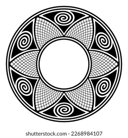 Circle frame with Hopi patterns. Decorative ornament, inspired by traditional pottery motifs of the Hopi, a Native American ethnic group. Spirals in triangles, alternating with triangle shaped nets.