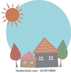 Circle frame of house and trees 