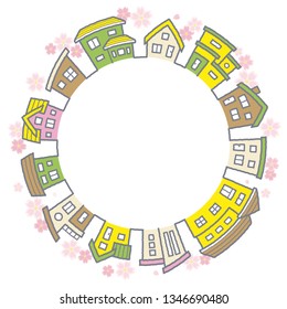 circle frame of houses with the cherry blossoms  - background is white 