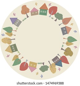 Circle frame of houses, trees and birds