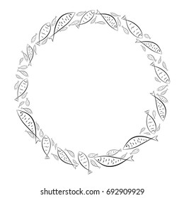 Circle frame. Ichthys is a symbol of fish. The ancient acronym of the name of Jesus Christ in Christian religion.  Vector design
