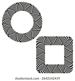 Circle frame icon. Square pattern shape. Curved stripe vector. Black white contrast.