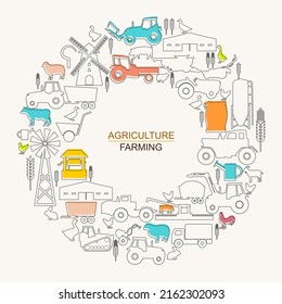 Circle frame with icons of agriculture and farming. Illustration or background for eco products and agricultural presentation.