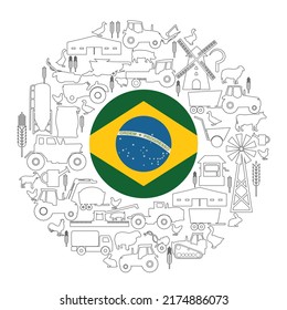 Circle frame with icons of agriculture and farming and flag of Brazil. Illustration or background for eco products and agricultural presentation.