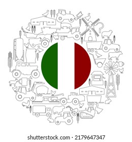 Circle frame with icons of agriculture and farming and flag of Italy. Illustration or background for eco products and agricultural presentation.