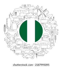 Circle frame with icons of agriculture and farming and flag of Nigeria. Illustration or background for eco products and agricultural presentation.