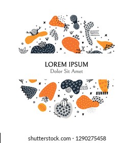 Circle frame includes hand drawn abstract shapes with different textures, spots and decorative elements. Freehand style. Doodle. It can be used for cover, card, label, brochure, invitation. Vector