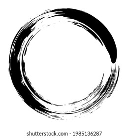 Trazo de pincel de tinta de marco circular, símbolo de budismo de pintura caligráfica japonesa, enso de Zen, línea redonda de pintura negra, ilustración vectorial. Círculo negro enso zen sobre fondo blanco. Marco de pintura dibujado a mano con tinta.