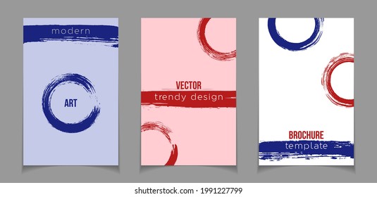 Tapas de pincel de tinta de marco circular, pintura caligráfica japonesa. enso de Zen, conjunto de plantillas de folletos para vectores de línea redonda de pintura azul rojo. Enso zen círculos de fondo. Marcos de pintura dibujados a mano con tinta
