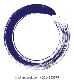 Circle frame ink brush stroke, japanese calligraphy paint buddhism symbol, Zen enso, blue paint round line, vector illustration. Dark enso zen circle on white background. Ink hand drawn paint frame.